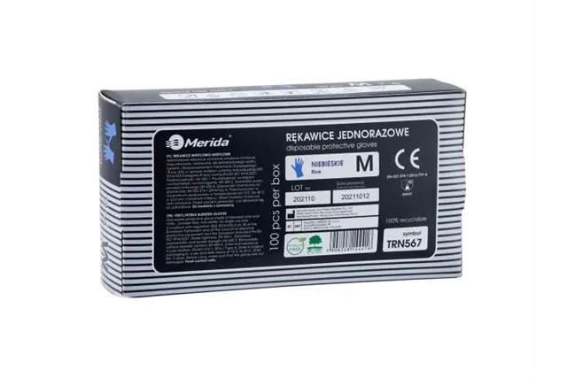 Rękawice winylowo - nitrylowe, niebieskie, rozmiar M, opakowanie 100 szt.
 Merida TRN567