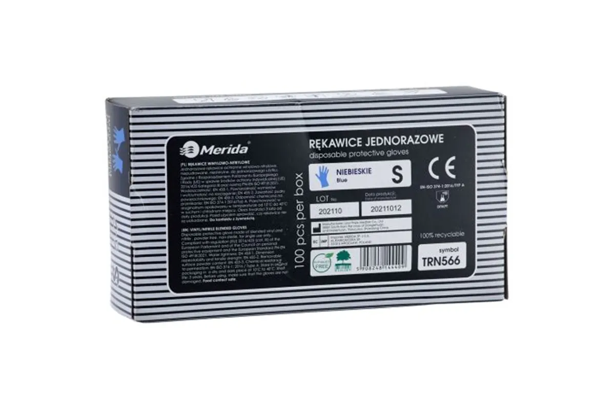 Rękawice winylowo - nitrylowe, niebieskie, rozmiar S, opakowanie 100 szt. Merida TRN566
