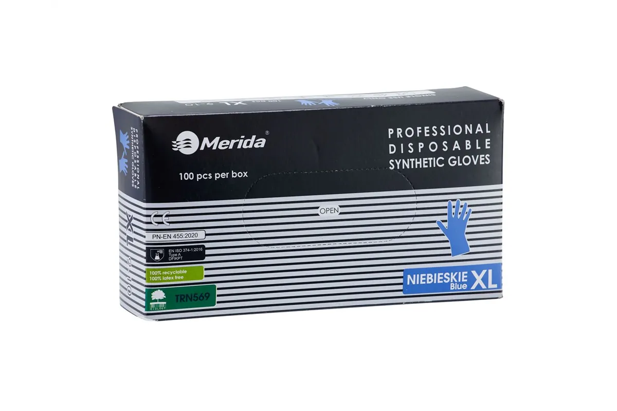 Rękawice winylowo - nitrylowe, niebieskie, rozmiar XL, opakowanie 100 szt. Merida TRN569