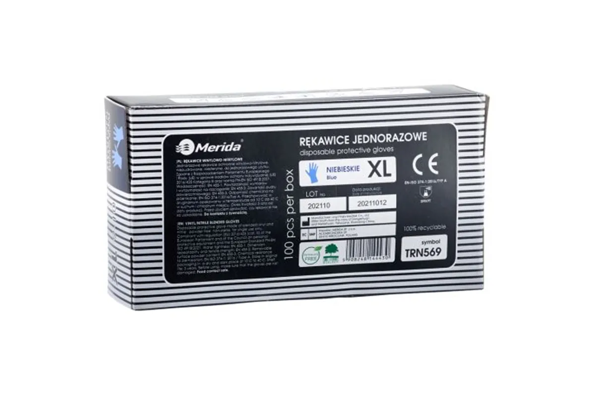 Rękawice winylowo - nitrylowe, niebieskie, rozmiar XL, opakowanie 100 szt. Merida TRN569