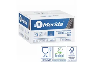 Ręczniki papierowe MERIDA CLASSIC SLIM, białe, jednowarstwowe, 3000 szt., ECOLABEL
 Merida VKB201