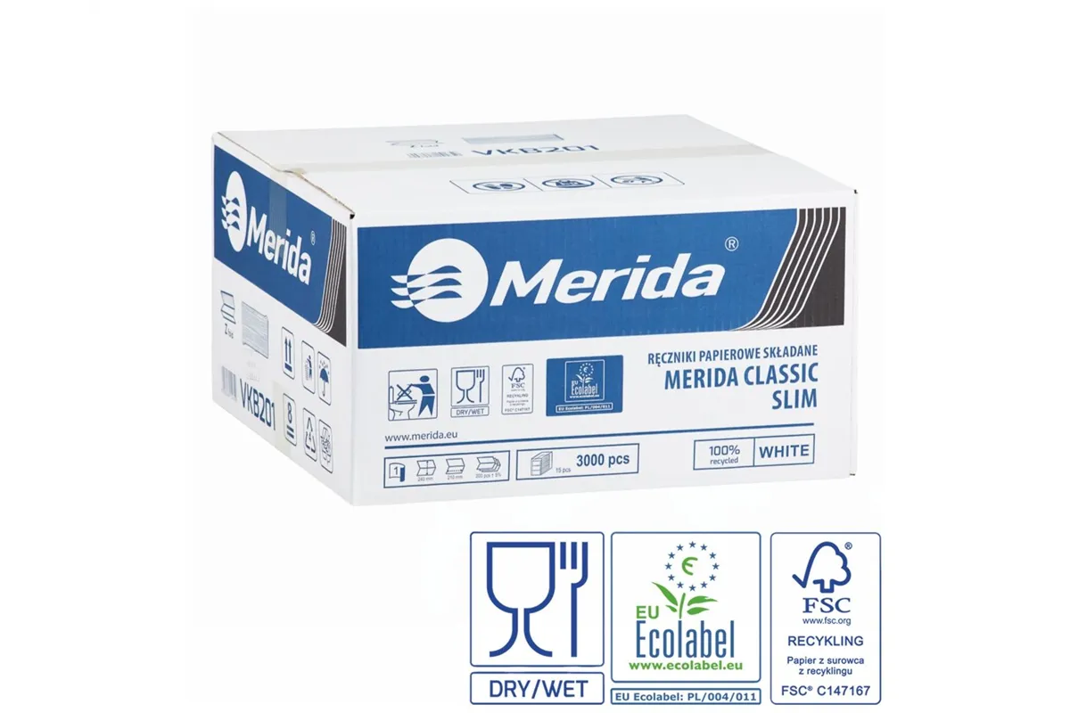 Ręczniki papierowe MERIDA CLASSIC SLIM, białe, jednowarstwowe, 3000 szt., ECOLABEL
 Merida VKB201
