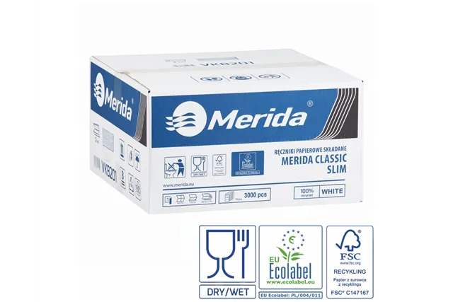 Ręczniki papierowe MERIDA CLASSIC SLIM, białe, jednowarstwowe, 3000 szt., ECOLABEL
 Merida VKB201