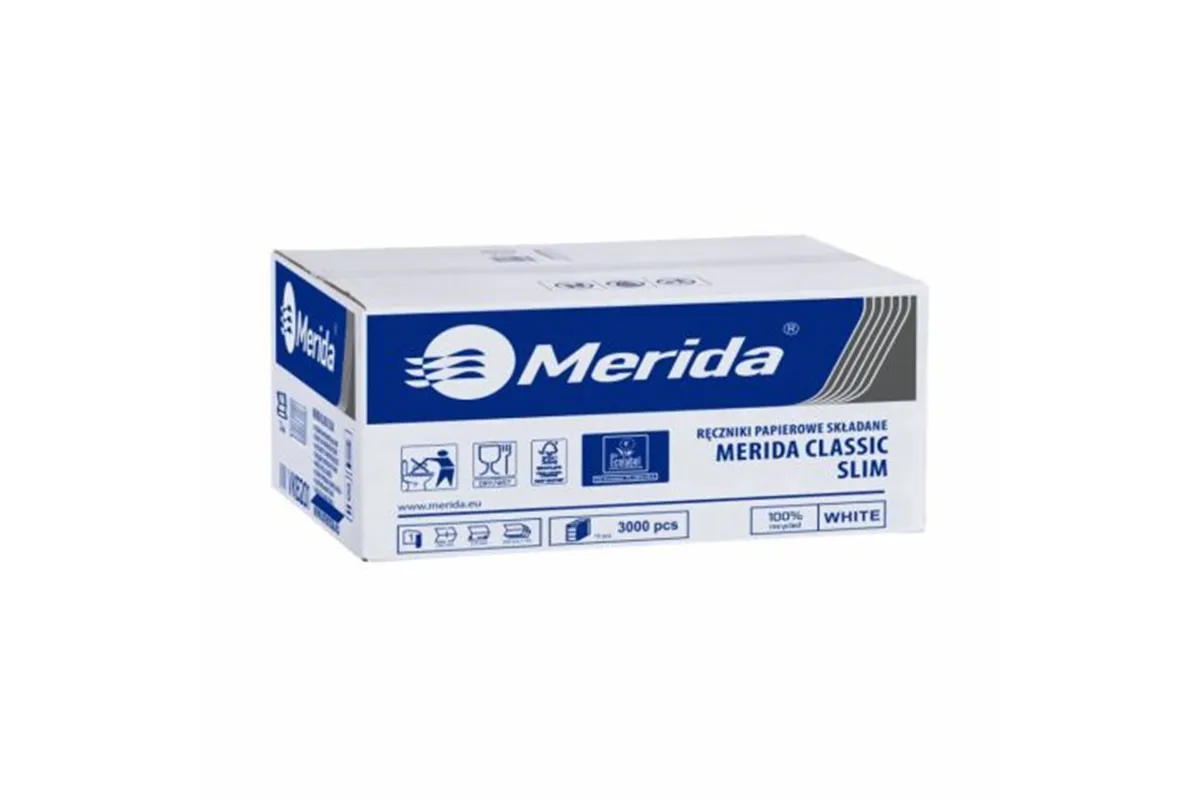 Ręczniki papierowe MERIDA CLASSIC SLIM, białe, jednowarstwowe, 3000 szt., ECOLABEL
 Merida VKB201