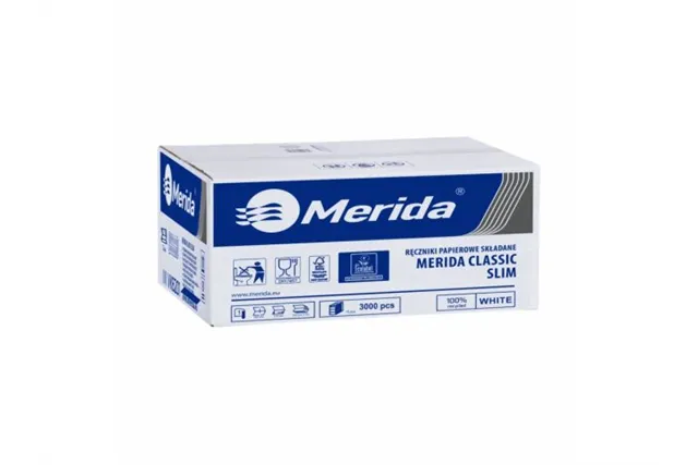 Ręczniki papierowe MERIDA CLASSIC SLIM, białe, jednowarstwowe, 3000 szt., ECOLABEL
 Merida VKB201