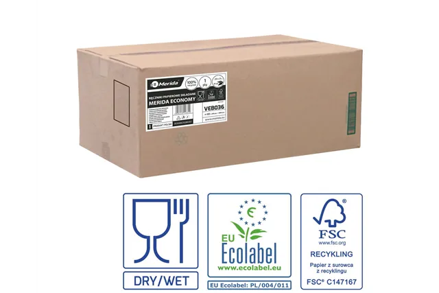 Ręczniki papierowe MERIDA ECONOMY, białe, jednowarstwowe, 4000 szt., ECOLABEL
 Merida VEB036
