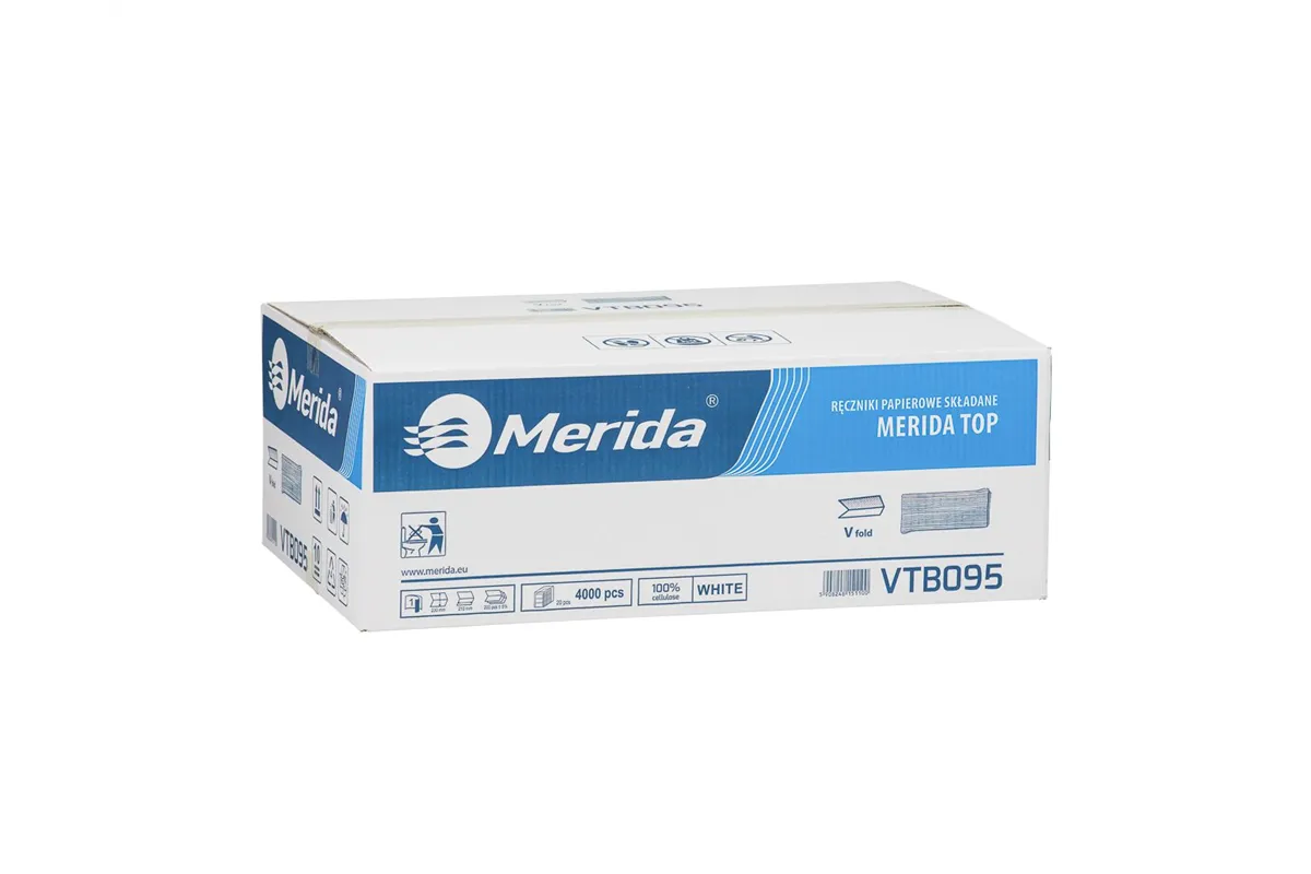 Ręczniki papierowe MERIDA TOP, białe, jednowarstwowe, 4000 szt.
 Merida VTB095