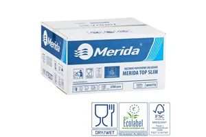 Ręczniki papierowe MERIDA TOP SLIM, białe, dwuwarstwowe, 2700 szt., ECOLABEL
 Merida VTB207