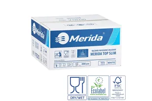 Ręczniki papierowe MERIDA TOP SLIM, białe, jednowarstwowe, 3000 szt., ECOLABEL
 Merida VTB210