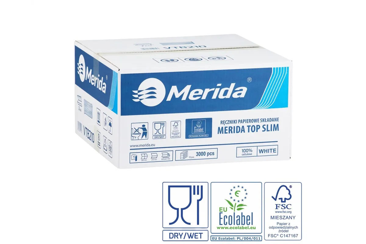 Ręczniki papierowe MERIDA TOP SLIM, białe, jednowarstwowe, 3000 szt., ECOLABEL
 Merida VTB210