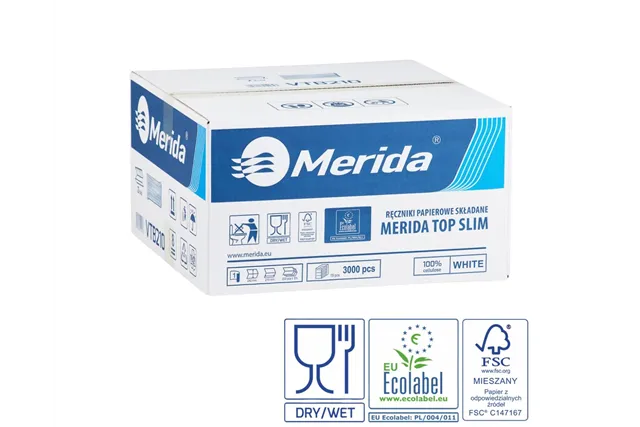 Ręczniki papierowe MERIDA TOP SLIM, białe, jednowarstwowe, 3000 szt., ECOLABEL
 Merida VTB210