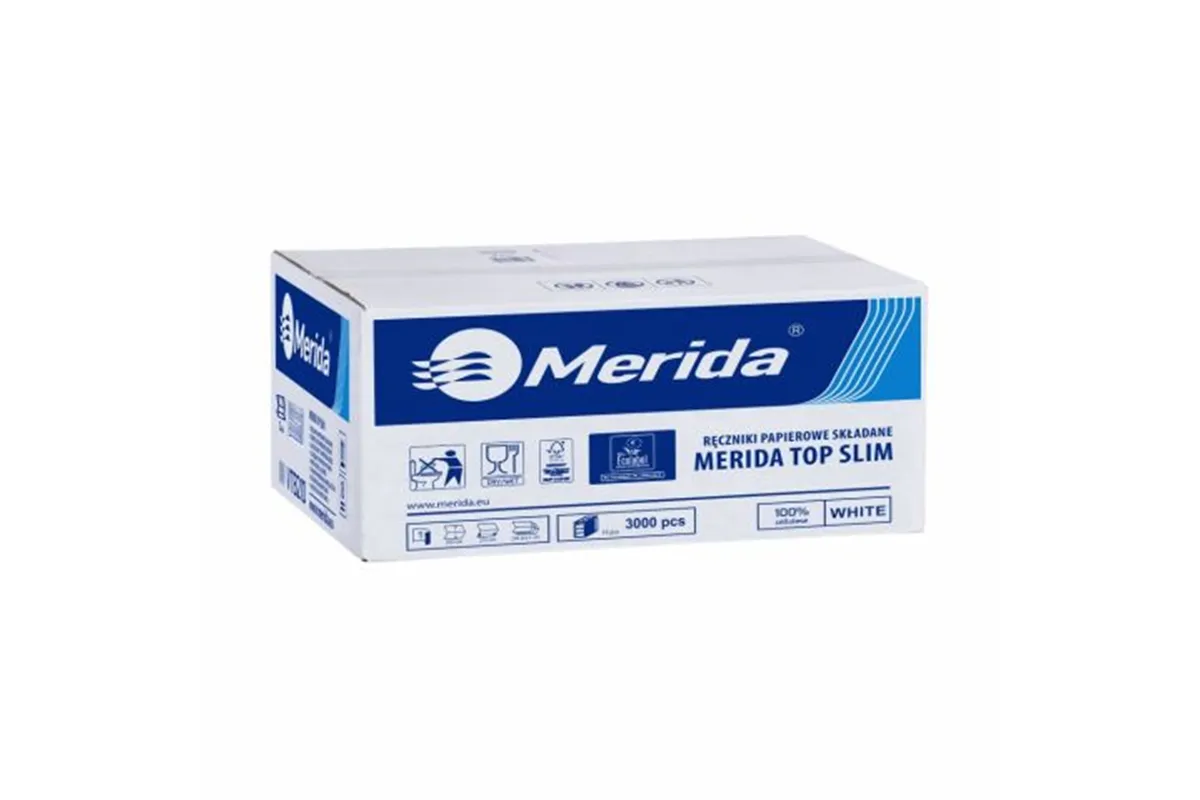 Ręczniki papierowe MERIDA TOP SLIM, białe, jednowarstwowe, 3000 szt., ECOLABEL
 Merida VTB210