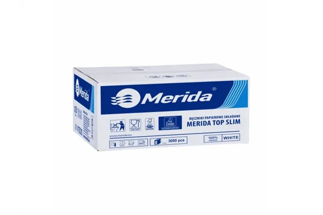Ręczniki papierowe MERIDA TOP SLIM, białe, jednowarstwowe, 3000 szt., ECOLABEL
 Merida VTB210