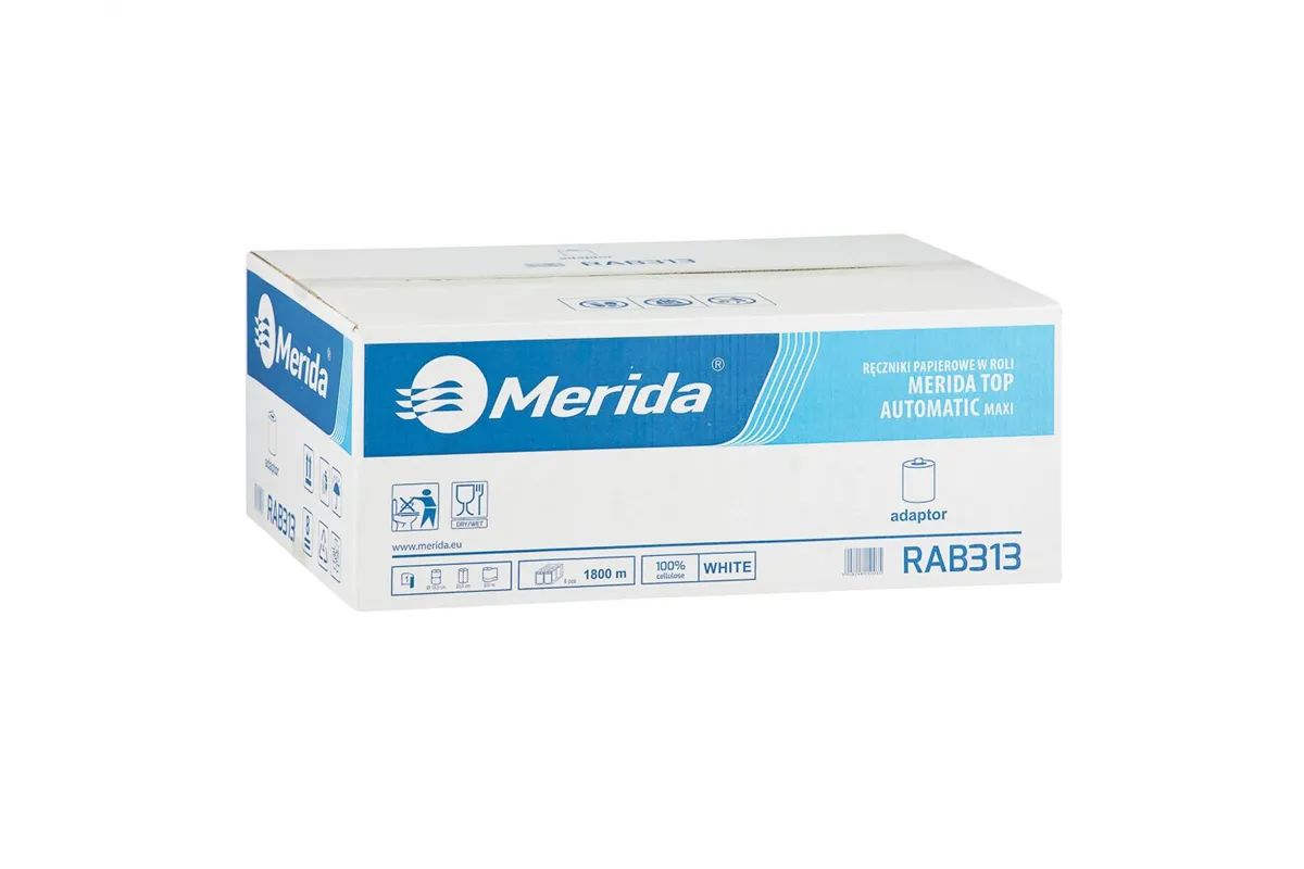 Ręczniki papierowe w roli z adaptorem MERIDA TOP AUTOMATIC MAXI, białe, śr. 19cm dł. 300m jednowarstwowe, 6 rolek
 RAB313