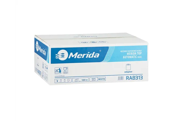 Ręczniki papierowe w roli z adaptorem MERIDA TOP AUTOMATIC MAXI, białe, śr. 19cm dł. 300m jednowarstwowe, 6 rolek
 RAB313