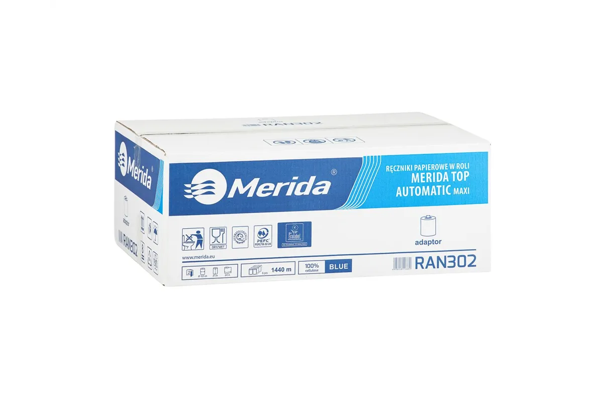 Ręczniki papierowe w roli z adaptorem MERIDA TOP AUTOMATIC MAXI niebieskie śr. 19,5cm dł. 240m dwuwarstwowe 6 rolek
 RAN302