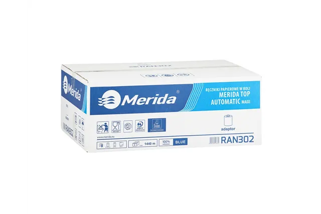 Ręczniki papierowe w roli z adaptorem MERIDA TOP AUTOMATIC MAXI niebieskie śr. 19,5cm dł. 240m dwuwarstwowe 6 rolek
 RAN302