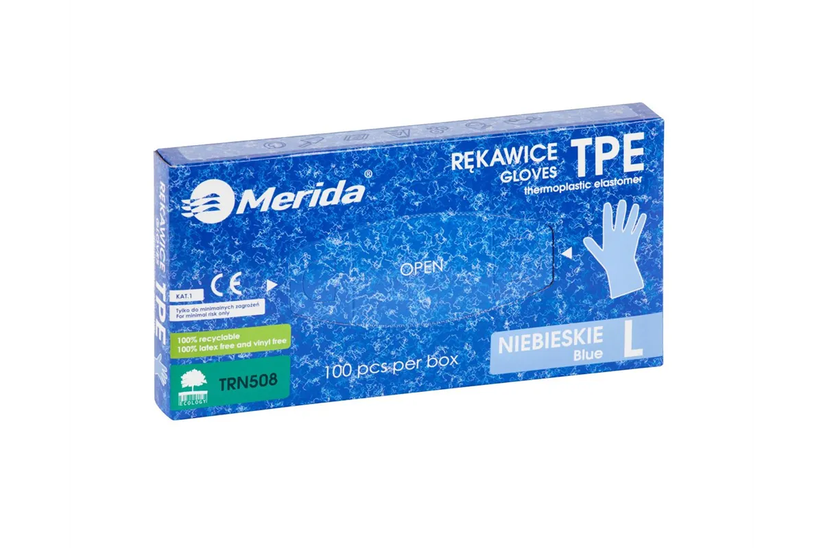 Rękawice elastomerowe TPE, niebieskie, rozmiar L, opakowanie 100 szt.
 Merida TRN508