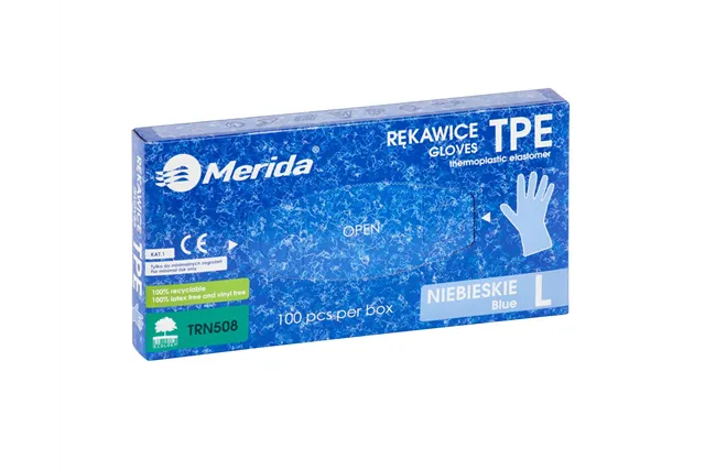 Rękawice elastomerowe TPE, niebieskie, rozmiar L, opakowanie 100 szt.
 Merida TRN508