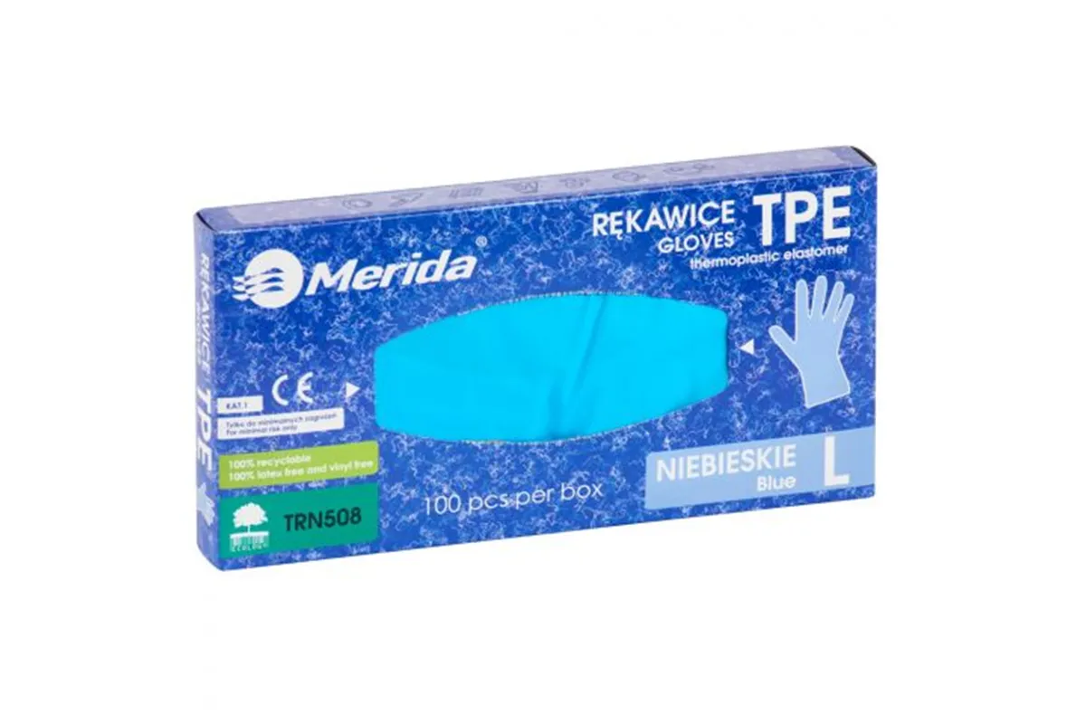 Rękawice elastomerowe TPE, niebieskie, rozmiar L, opakowanie 100 szt.
 Merida TRN508