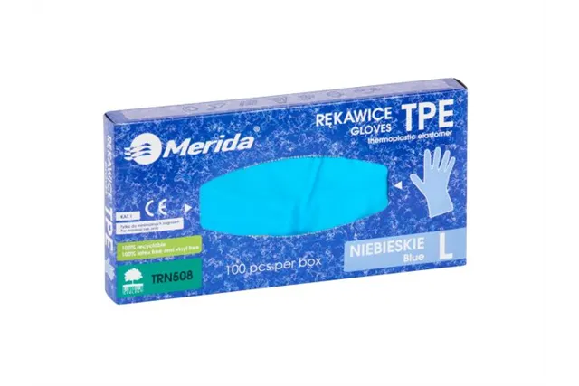 Rękawice elastomerowe TPE, niebieskie, rozmiar L, opakowanie 100 szt.
 Merida TRN508