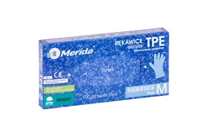 Rękawice elastomerowe TPE, niebieskie, rozmiar M, opakowanie 100 szt.
 Merida TRN507