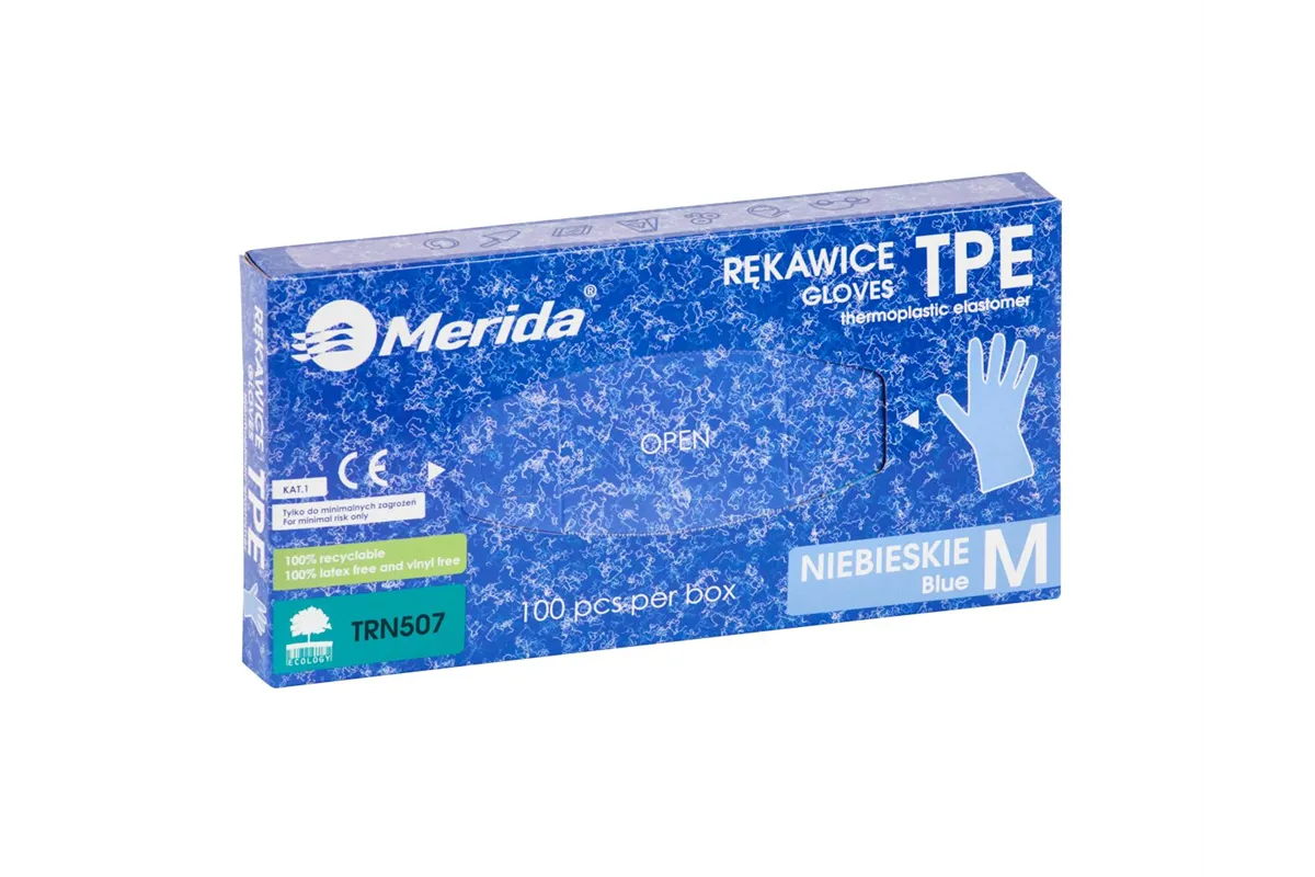 Rękawice elastomerowe TPE, niebieskie, rozmiar M, opakowanie 100 szt.
 Merida TRN507