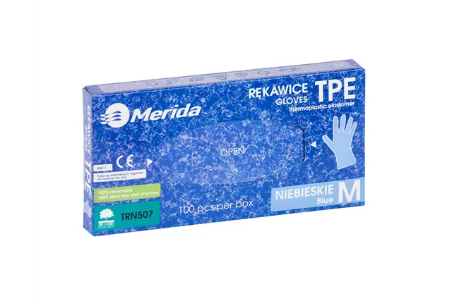 Rękawice elastomerowe TPE, niebieskie, rozmiar M, opakowanie 100 szt.
 Merida TRN507