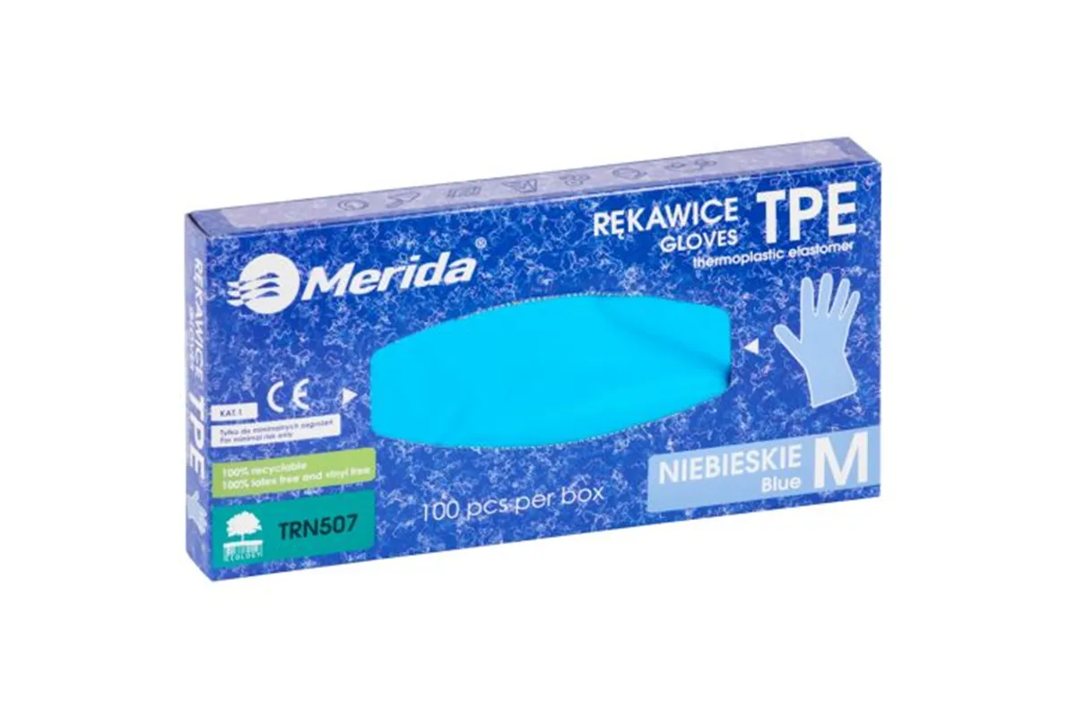 Rękawice elastomerowe TPE, niebieskie, rozmiar M, opakowanie 100 szt.
 Merida TRN507