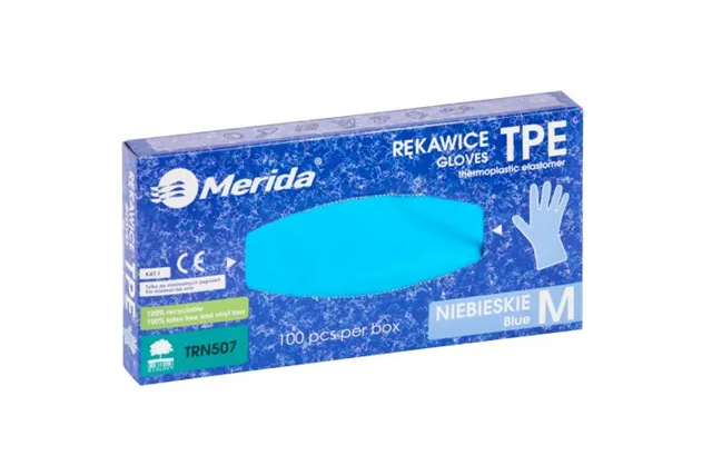 Rękawice elastomerowe TPE, niebieskie, rozmiar M, opakowanie 100 szt.
 Merida TRN507