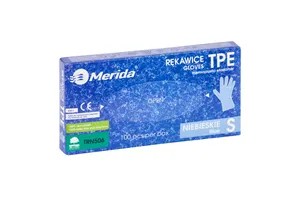 Rękawice elastomerowe TPE, niebieskie, rozmiar S, opakowanie 100 szt.
 Merida TRN506