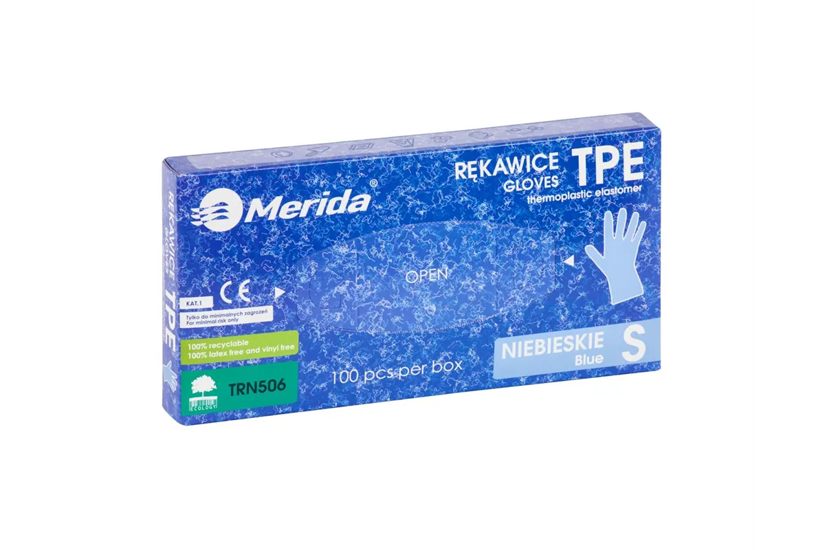 Rękawice elastomerowe TPE, niebieskie, rozmiar S, opakowanie 100 szt.
 Merida TRN506