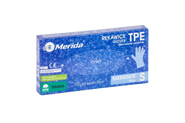 Rękawice elastomerowe TPE, niebieskie, rozmiar S, opakowanie 100 szt.
 Merida TRN506