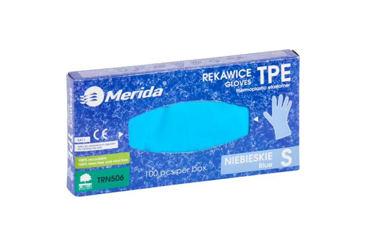 Rękawice elastomerowe TPE, niebieskie, rozmiar S, opakowanie 100 szt.
 Merida TRN506