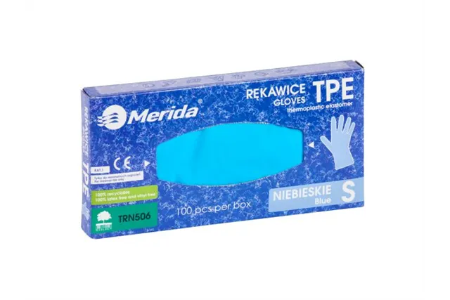 Rękawice elastomerowe TPE, niebieskie, rozmiar S, opakowanie 100 szt.
 Merida TRN506