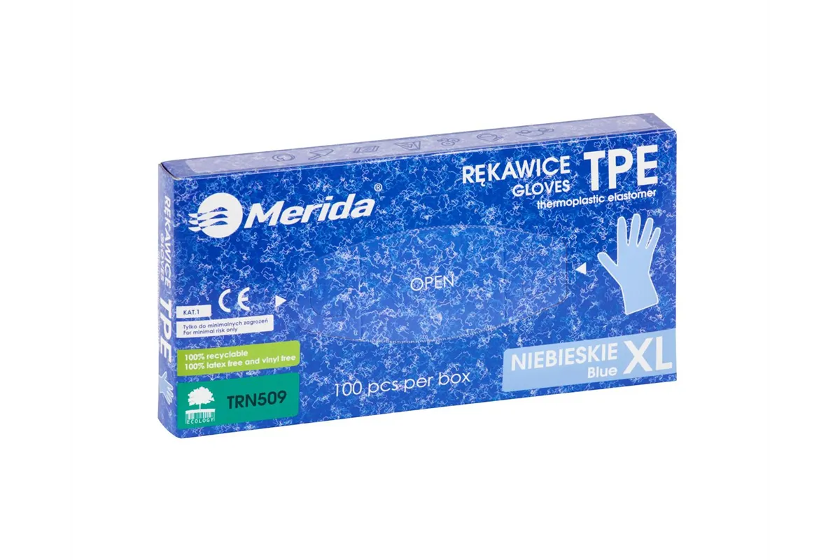 Rękawice elastomerowe TPE, niebieskie, rozmiar XL, opakowanie 100 szt.
 Merida TRN509