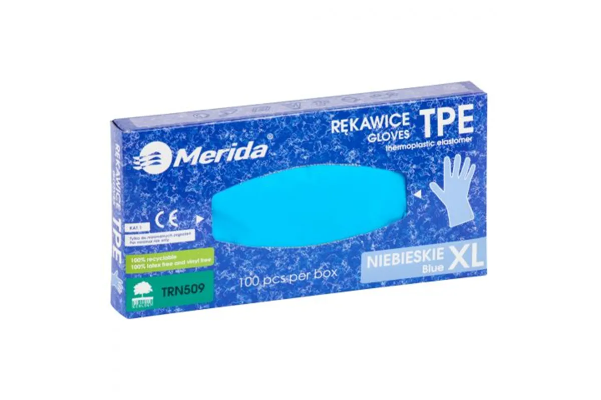Rękawice elastomerowe TPE, niebieskie, rozmiar XL, opakowanie 100 szt.
 Merida TRN509