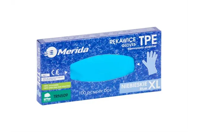 Rękawice elastomerowe TPE, niebieskie, rozmiar XL, opakowanie 100 szt.
 Merida TRN509