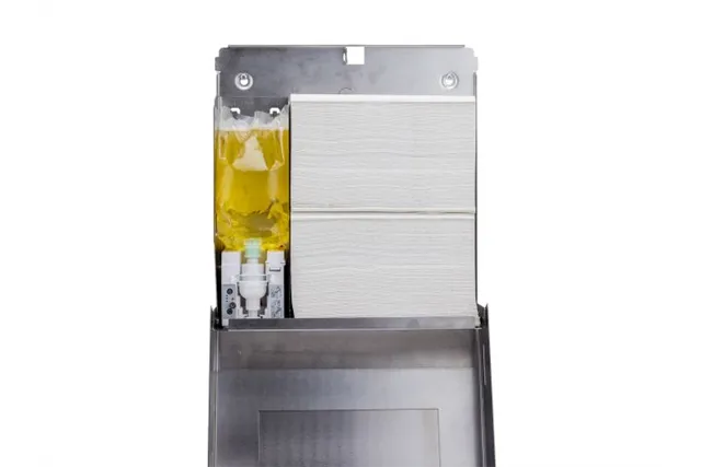 Pojemnik na ręczniki z automatycznym dozownikiem mydła w pianie i z lustrem „3w1" MERIDA STELLA SLIM COMBO stal matowa
 ASM753