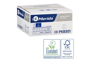 Papier toaletowy bez gilzy MERIDA CLASSIC, biały, średnica 12 cm, długość 125 m, jednowarstwowy, karton 18 szt, ECOLABEL PKB301