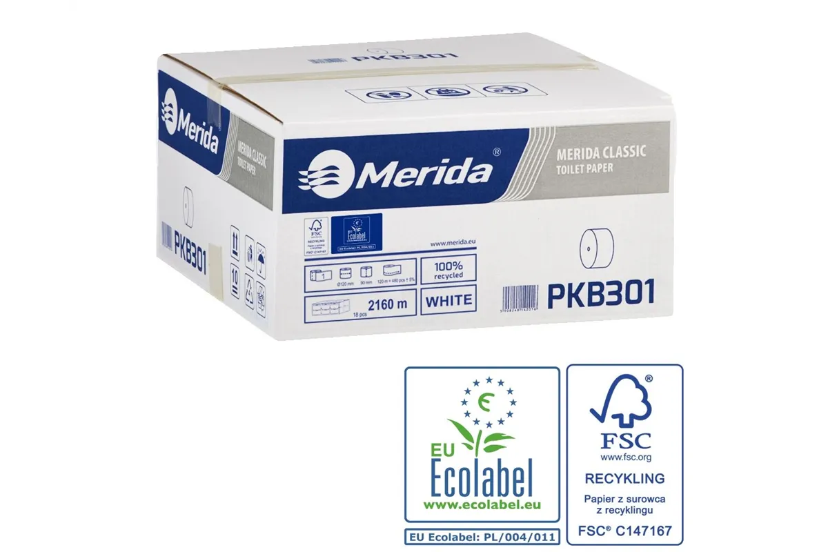 Papier toaletowy bez gilzy MERIDA CLASSIC, biały, średnica 12 cm, długość 125 m, jednowarstwowy, karton 18 szt, ECOLABEL PKB301