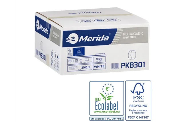 Papier toaletowy bez gilzy MERIDA CLASSIC, biały, średnica 12 cm, długość 125 m, jednowarstwowy, karton 18 szt, ECOLABEL PKB301