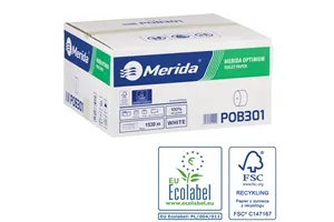 Papier toaletowy bez gilzy MERIDA OPTIMUM, biały, średnica 12 cm, długość 85 m, dwuwarstwowy, karton 18 szt., ECOLABEL
 POB301