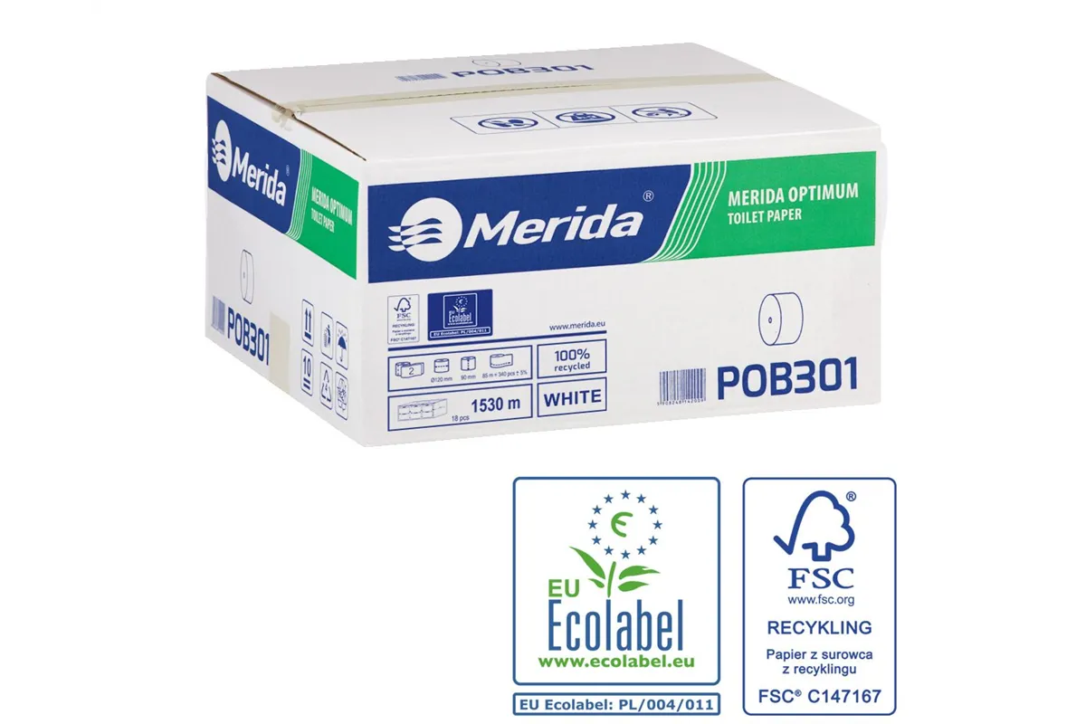 Papier toaletowy bez gilzy MERIDA OPTIMUM, biały, średnica 12 cm, długość 85 m, dwuwarstwowy, karton 18 szt., ECOLABEL
 POB301