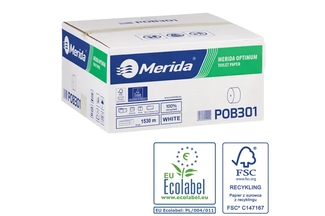 Papier toaletowy bez gilzy MERIDA OPTIMUM, biały, średnica 12 cm, długość 85 m, dwuwarstwowy, karton 18 szt., ECOLABEL
 POB301