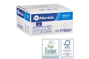 Papier toaletowy bez gilzy MERIDA TOP, biały, średnica 12 cm, długość 85 m, dwuwarstwowy, karton 18 szt, ECOLABEL
 PTB301