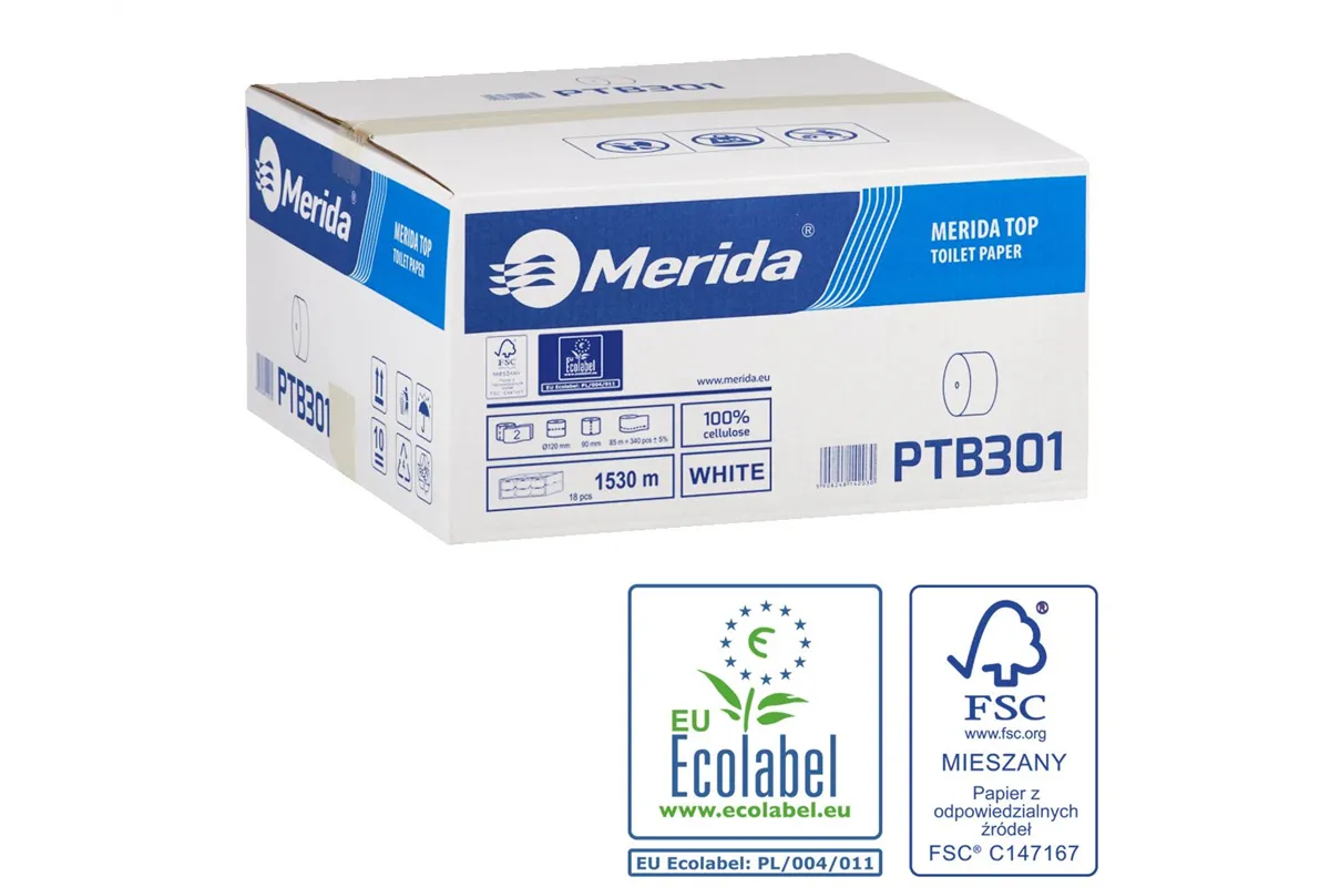 Papier toaletowy bez gilzy MERIDA TOP, biały, średnica 12 cm, długość 85 m, dwuwarstwowy, karton 18 szt, ECOLABEL
 PTB301