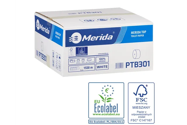 Papier toaletowy bez gilzy MERIDA TOP, biały, średnica 12 cm, długość 85 m, dwuwarstwowy, karton 18 szt, ECOLABEL
 PTB301