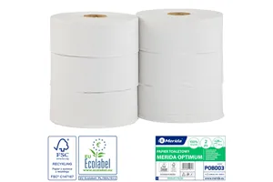 Papier toaletowy MERIDA OPTIMUM, biały, średnica 28 cm, długość 340 m, dwuwarstwowy, zgrzewka 6 szt., ECOLABEL
 Merida POB003