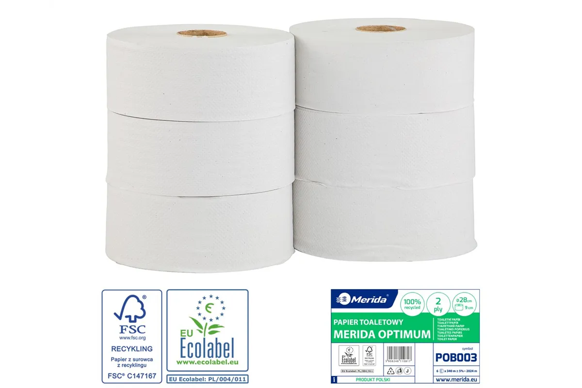 Papier toaletowy MERIDA OPTIMUM, biały, średnica 28 cm, długość 340 m, dwuwarstwowy, zgrzewka 6 szt., ECOLABEL
 Merida POB003
